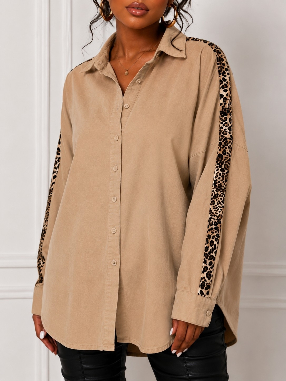 Leopard-Trim Oversized Shirt Jacket in Tan-Women